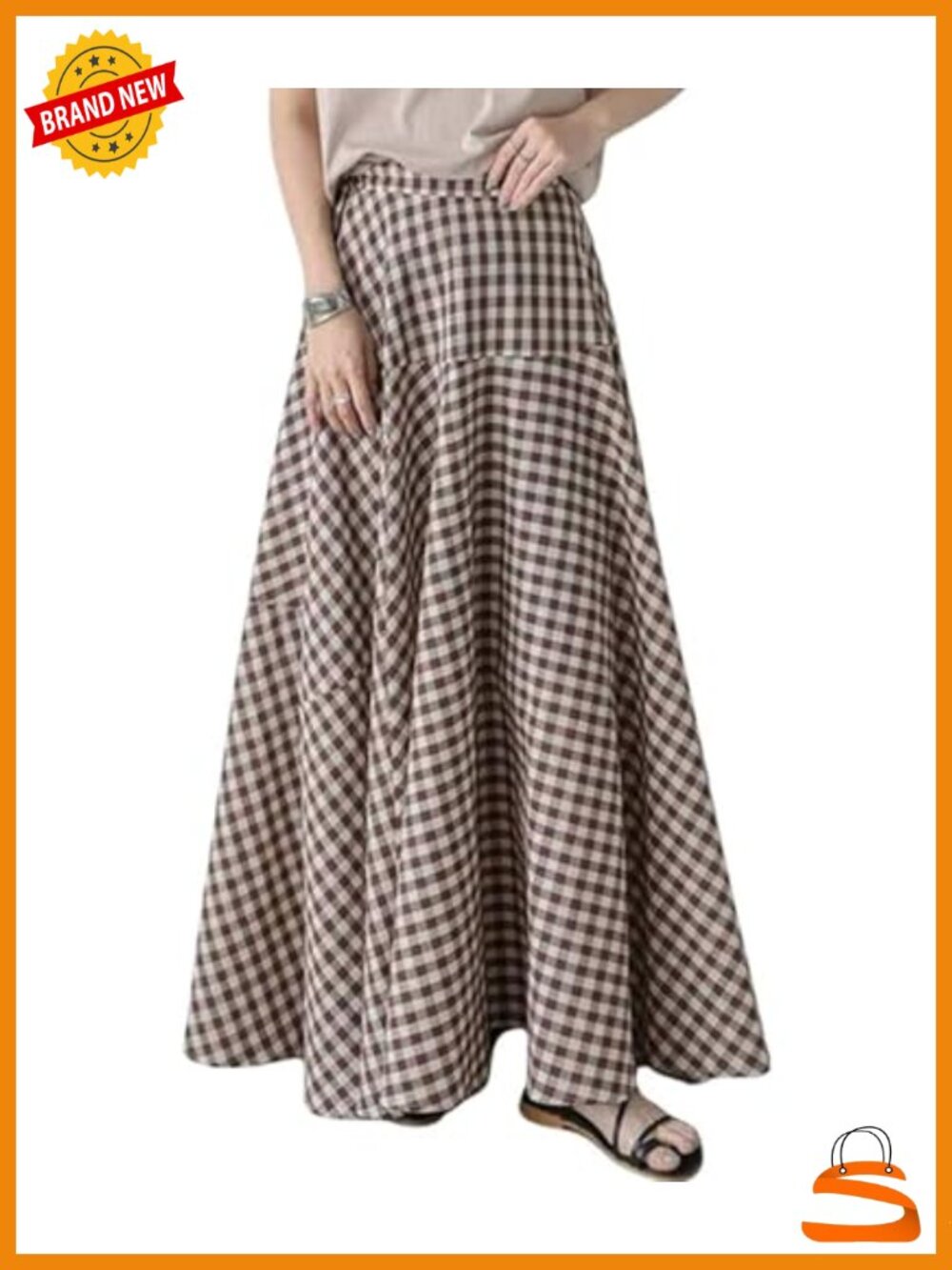 Retro Plaid Maxi Skirt A-Line Pleated Elastic High Waisted Flared Swing Long